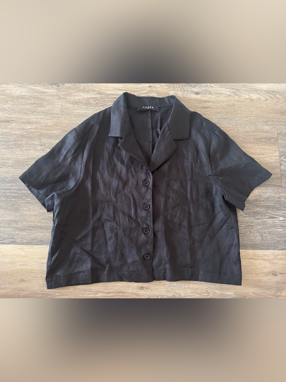 Caara Black Short-Sleeve Linen Button-Down Shirt